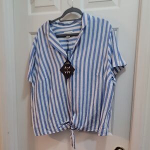 Ava & Viv Blue and White Striped Blouse Womens 1X